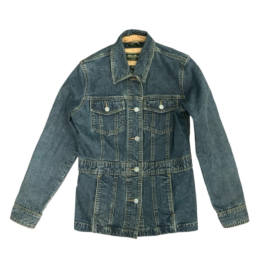 Eddie Bauer Women’s Y2K Long Stretch Denim Blue Jean Jacket Pockets Size: S